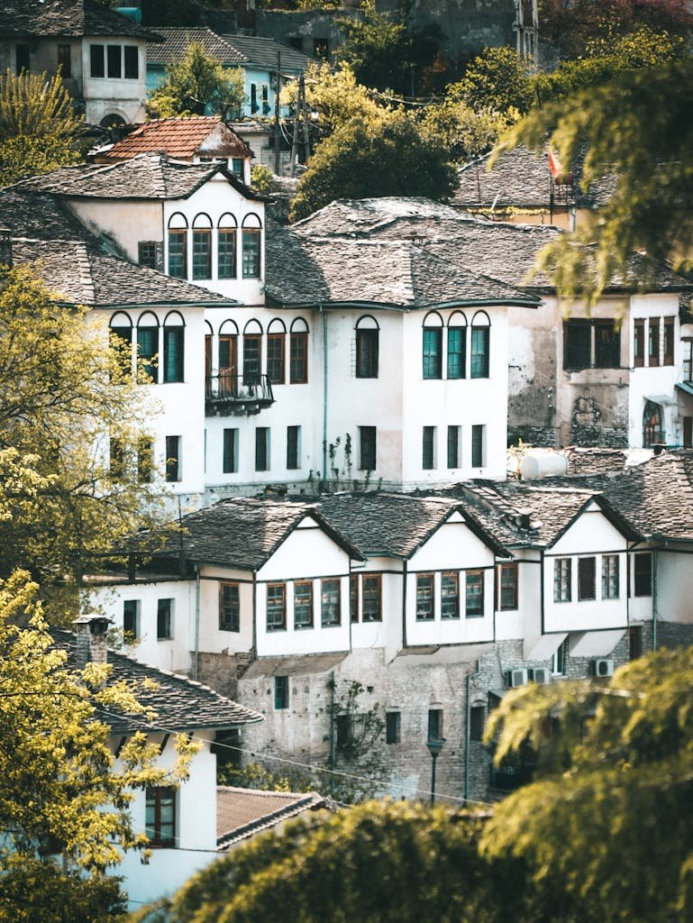 Charming view of traditional stone houses in Gjirokaster, a UNESCO World Heritage site in Albania.