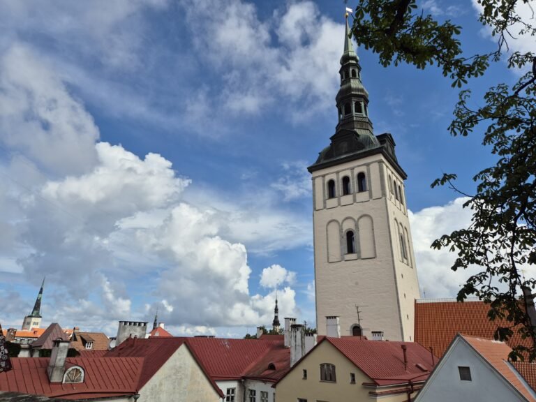 A view of Tallinn Old Town, with a Church Tower in the middle.